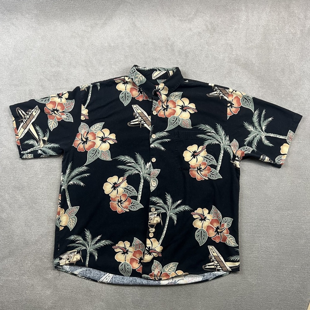 Paradise Blue XL Mens Silk Blend Hawaiian Shirt Black Floral Vintage Plane Print